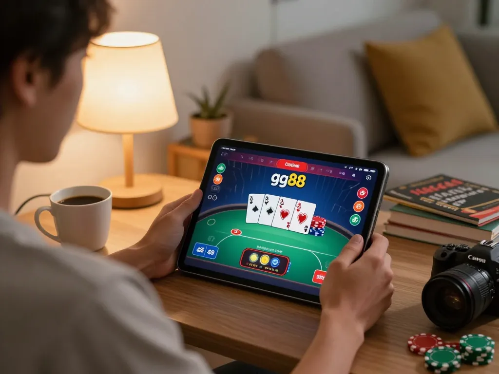 Player engaging with gg88's online poker game from home in a strategic setup.