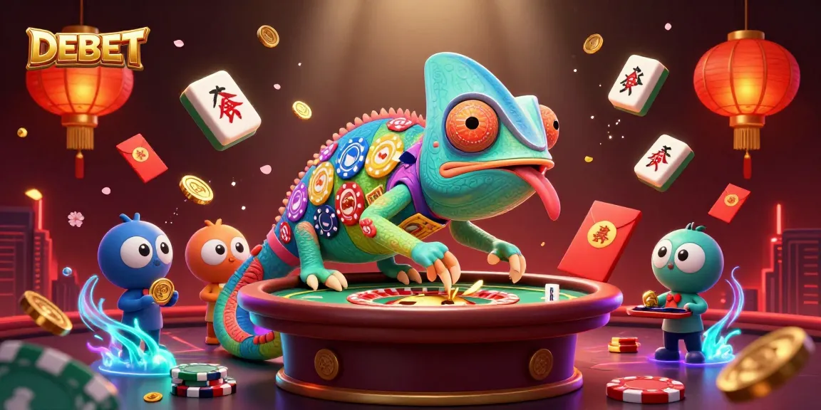 Engage with DEBET's colorful casino adventure featuring a vibrant chameleon owner and festive gaming elements.
