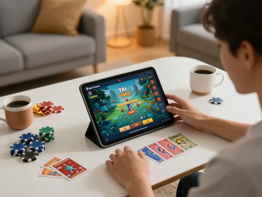 TẢI VB88 app interface shown in an engaging online gaming setup with warm ambiance
