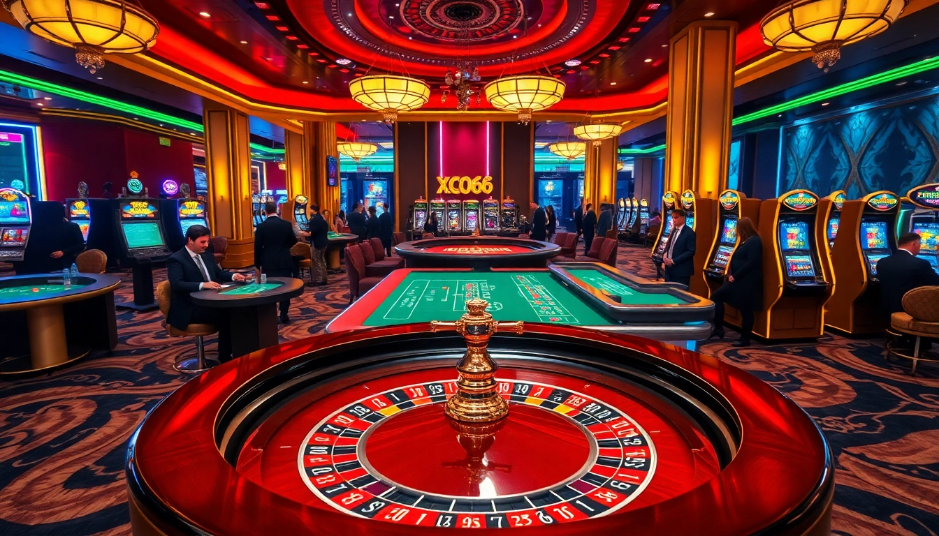 Xoso66 players enjoying a thrilling night at a luxurious casino with roulette and slot machines.