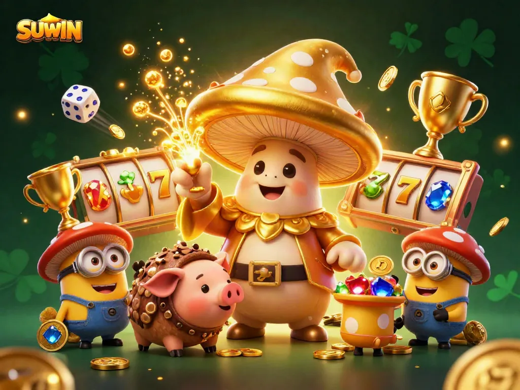 Suwin ushers luck in a vibrant 3D casino world filled with spinning slots and golden treasures.