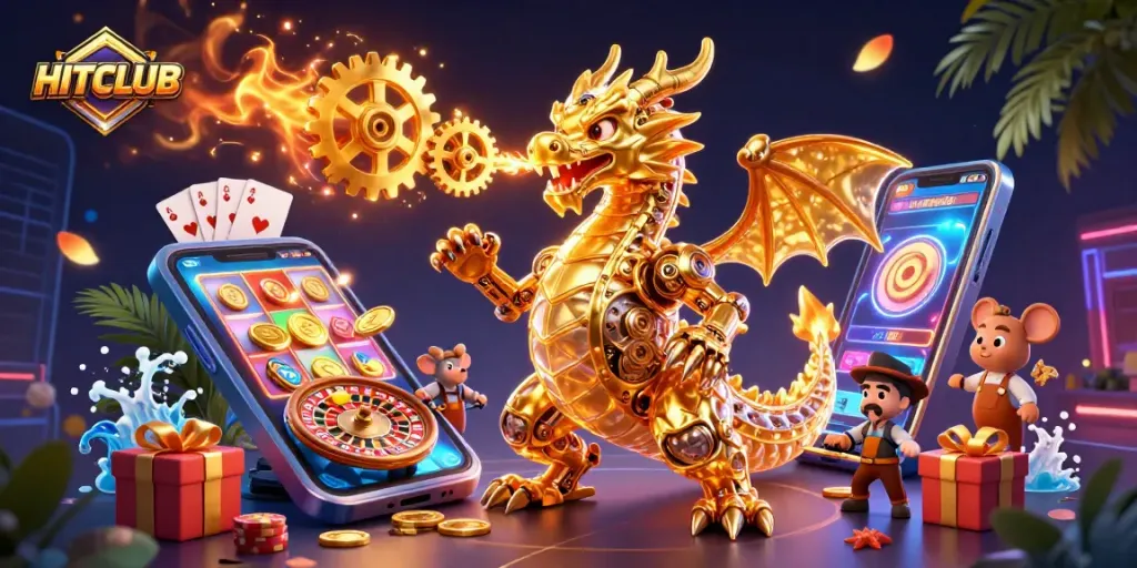 Engage with HITCLUB's exhilarating gaming atmosphere featuring golden dragon and dynamic casino elements.