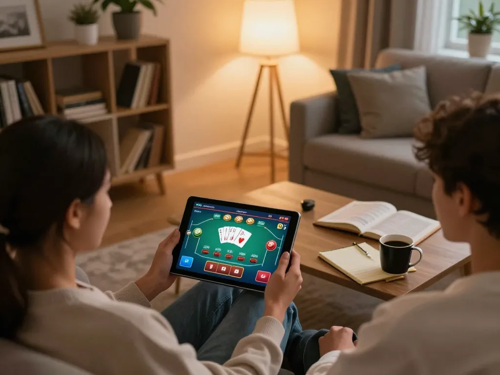 Player enjoying online casino games on tablet at home while using cwin for strategic betting.