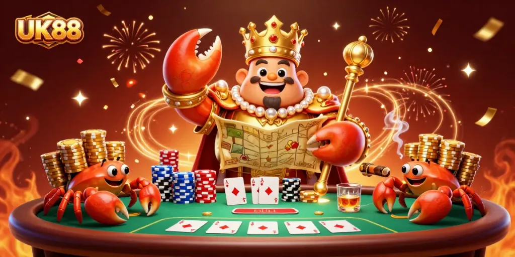 Experience UK88's thrilling gaming with a royal crab emperor amidst poker action and festive details.