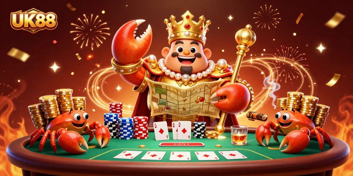 Experience UK88's thrilling gaming with a royal crab emperor amidst poker action and festive details.