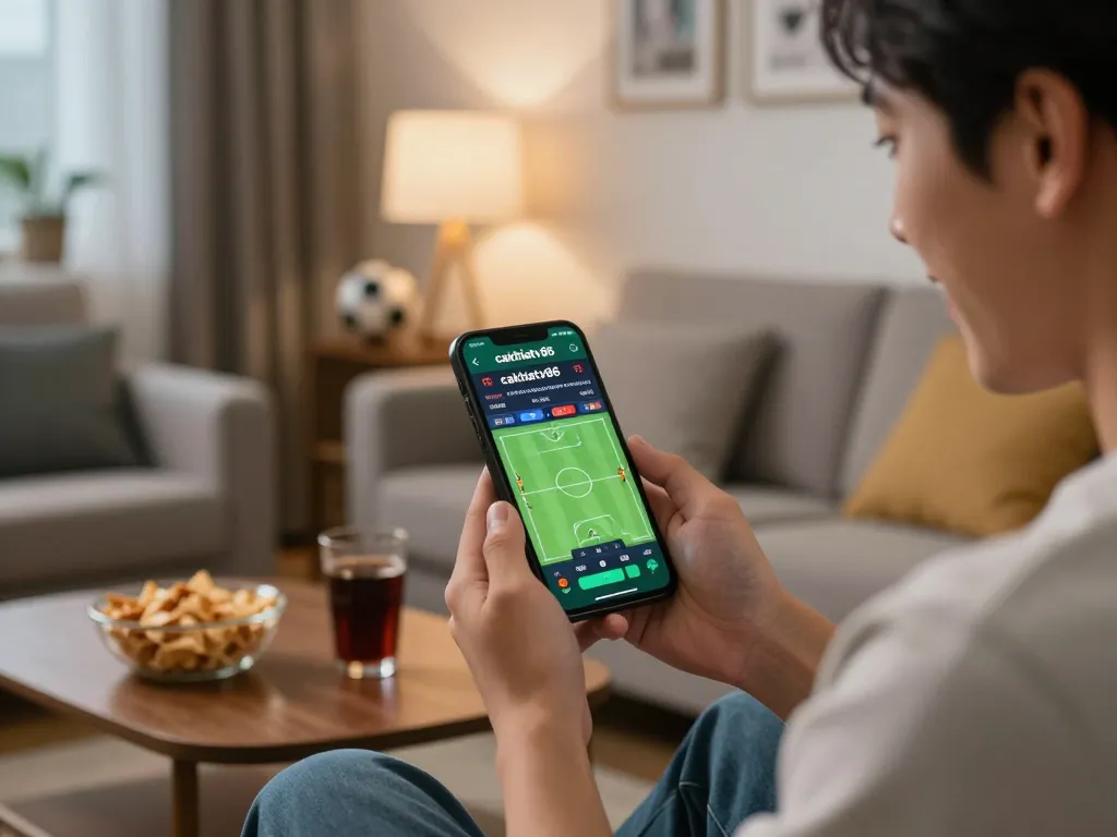 Exciting moment of placing sports bets using the cakhiatv86 app on a smartphone in a cozy home setting