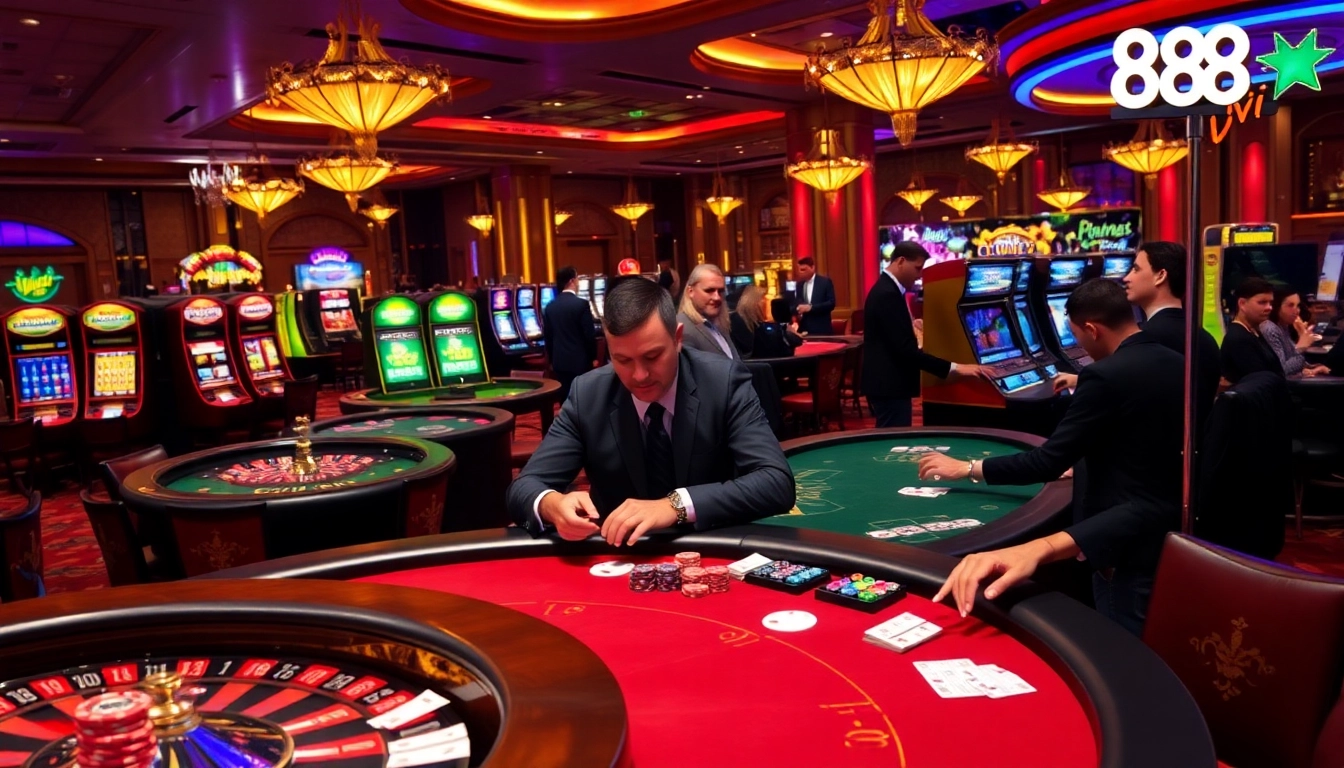 Experience the excitement of 888vi with vibrant casino action showcasing poker tables and thrilling games.