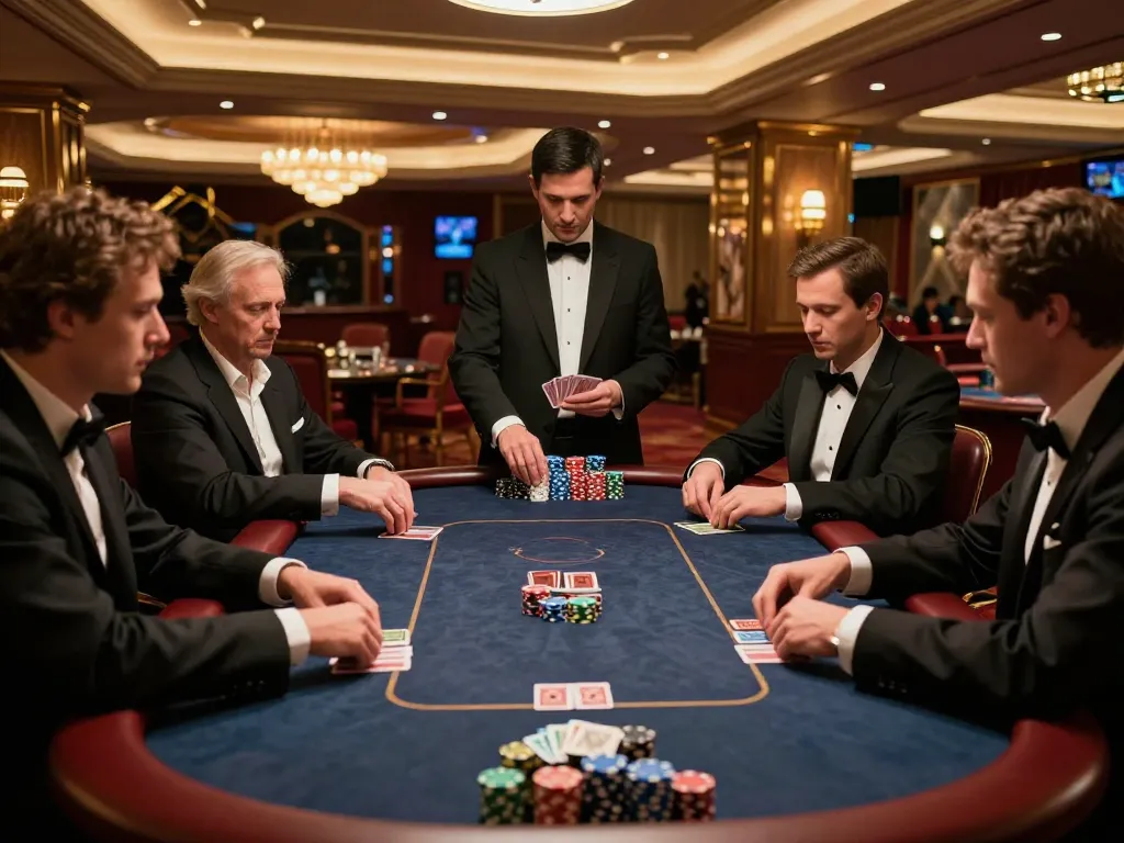 NHÀ CÁI XO88 features a high-stakes poker game in a luxurious casino setting, showcasing intense gameplay.