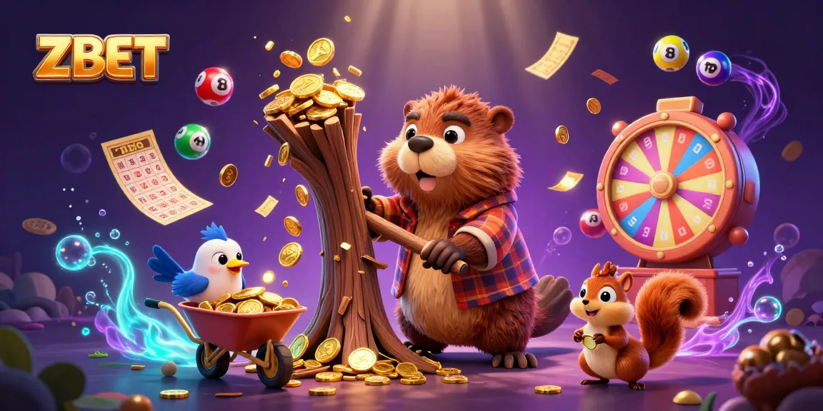 ZBET showcases a playful casino scene with animated characters collecting coins while surrounded by vibrant lottery elements.