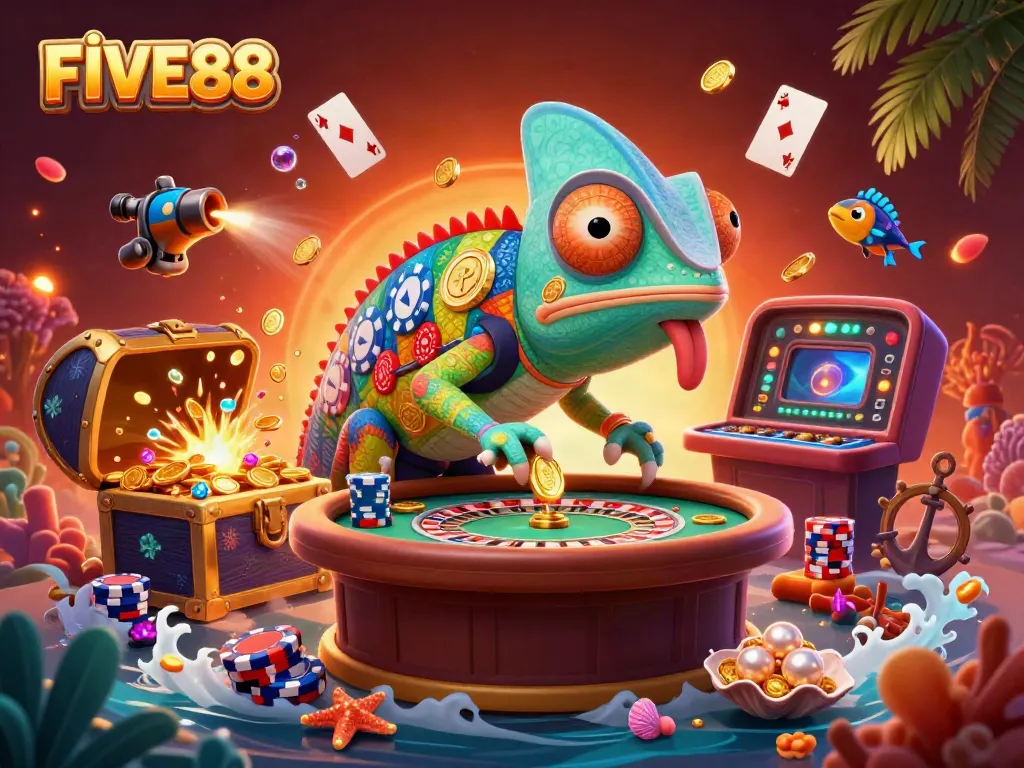 Join the excitement at FIVE88 with the chameleon casino owner capturing golden coins amidst vibrant casino visuals.