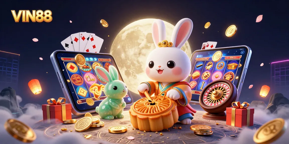 Engage with VIN88 in a vibrant 3D illustration featuring a moon rabbit and casino games.