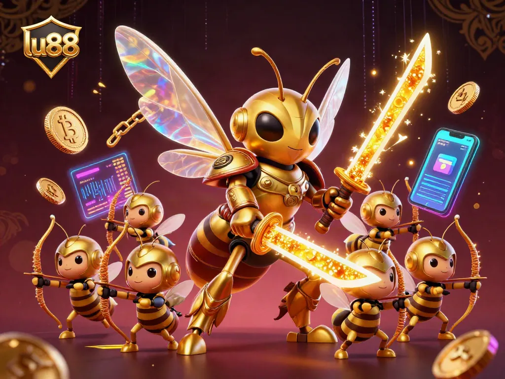Engage with the luxurious gambling world of lu88 showcasing vibrant characters and crypto elements.