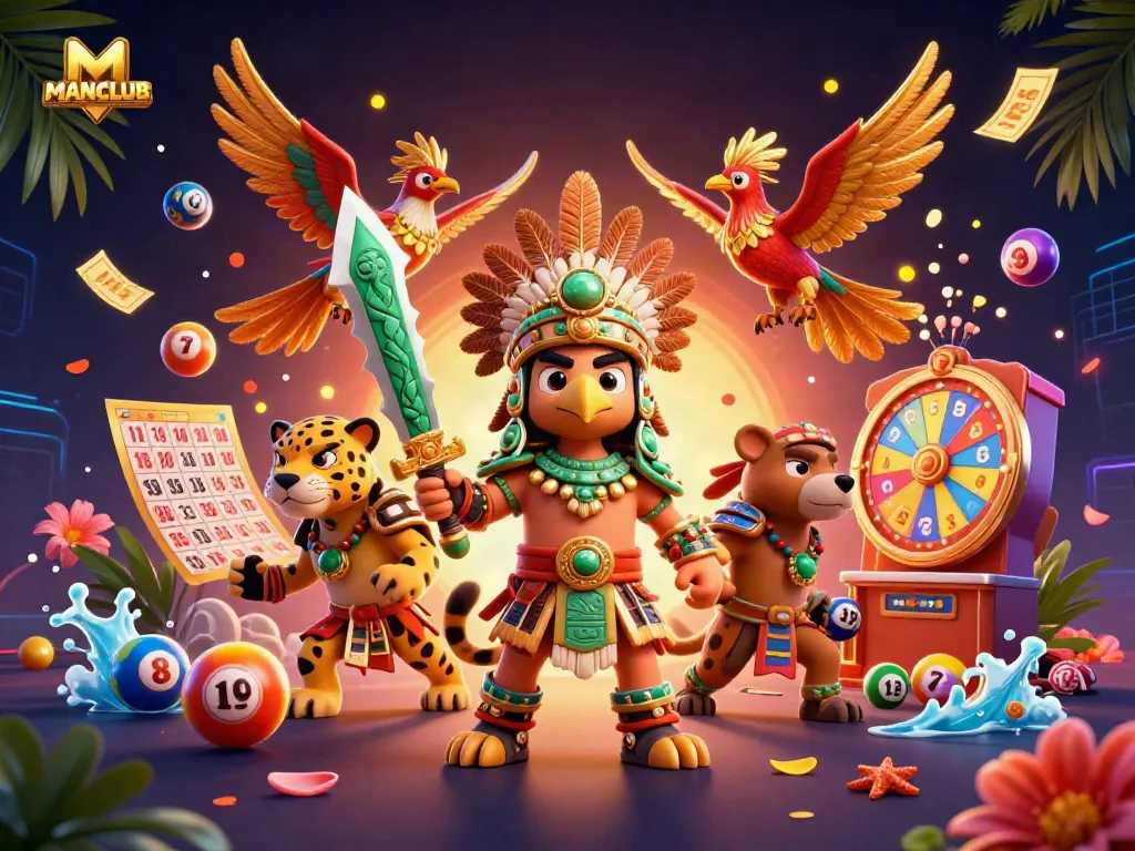 Join the excitement at MANCLUB with Aztec warriors and vibrant casino elements flying around.