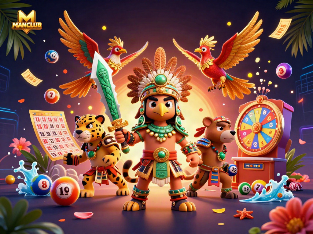 Join the excitement at MANCLUB with Aztec warriors and vibrant casino elements flying around.