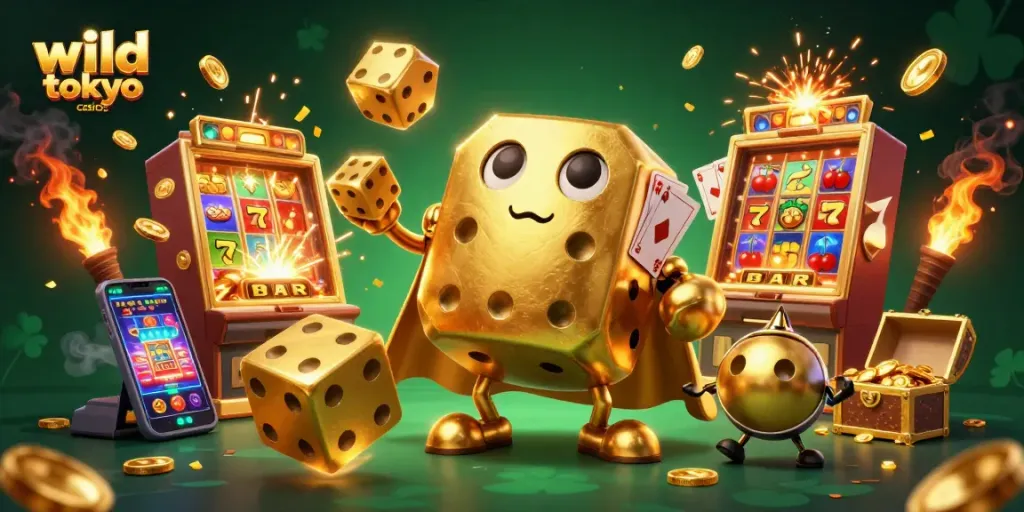 Engage in thrilling gameplay at wild tokyo casino with a vibrant 3D illustration of a golden dice golem and jackpot elements.
