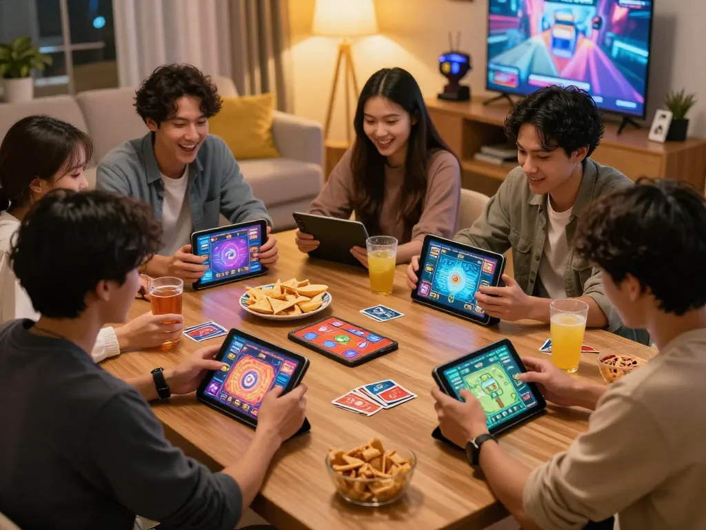 Friends enjoying the 789 club card games in a lively home atmosphere.