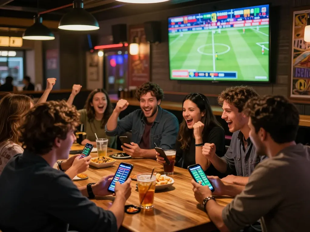 Engaged sports bettors celebrating while checking tỷ lệ kèo nhà cái on their smartphones.