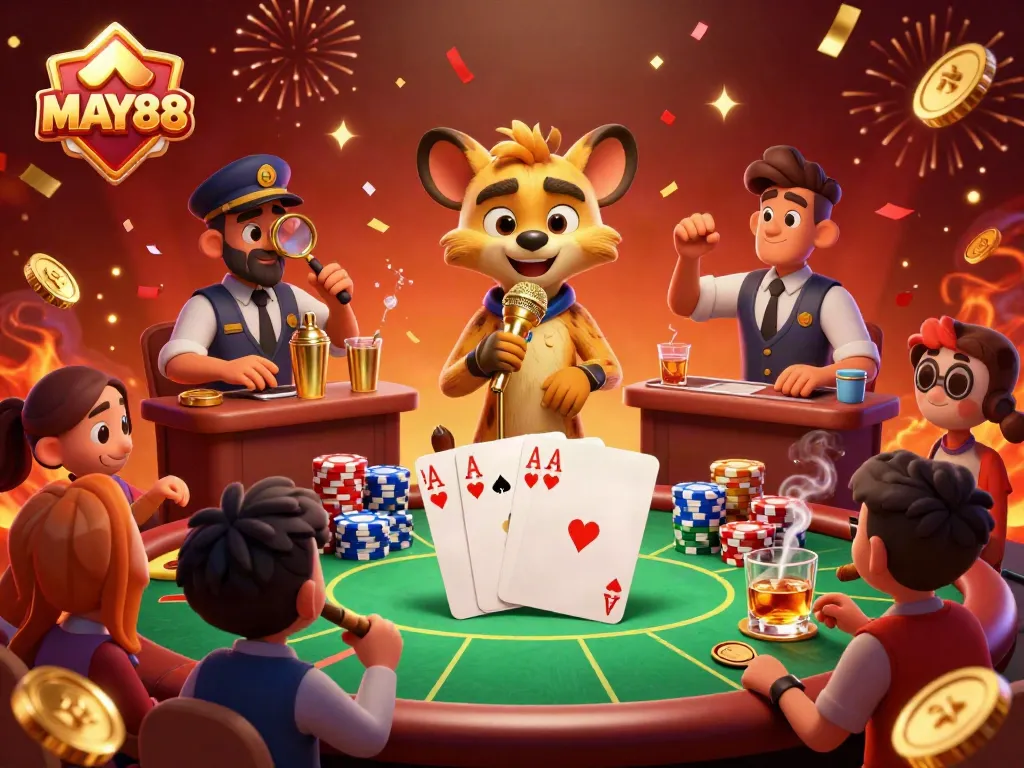 MAY88's lively casino illustration features entertaining hyenas, poker elements, and a bustling atmosphere.