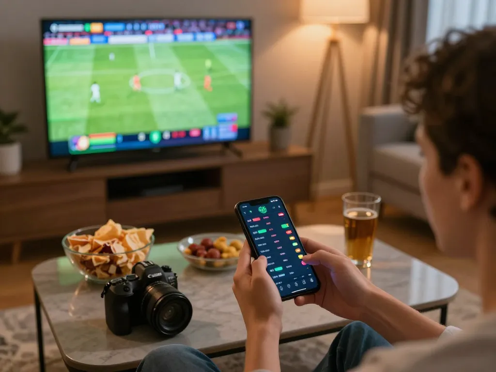 Xôi lạc tv sports betting excitement with smartphone in hand and live match streaming in background.