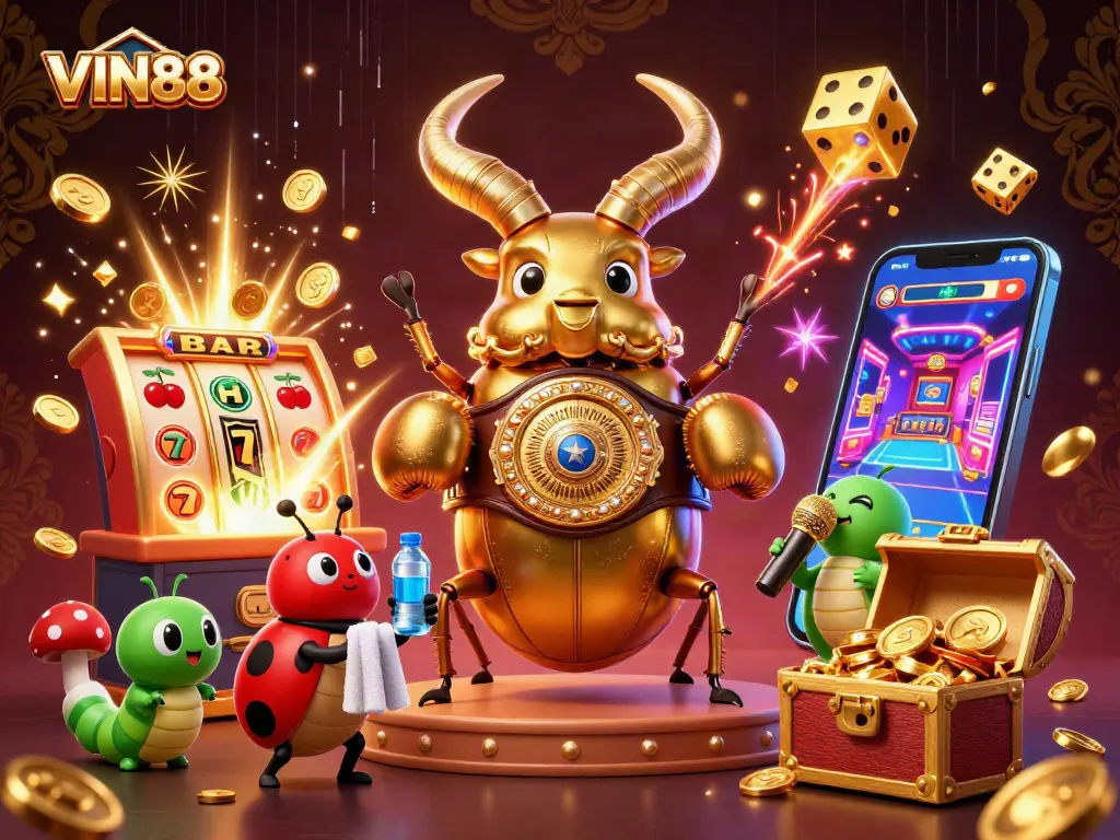 Experience the thrill of winning with VIN88's exciting jackpot scene featuring vibrant characters and dynamic casino elements.