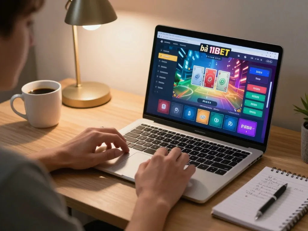 Play game bài 11BET on a stylish home setup with laptop and strategy notes