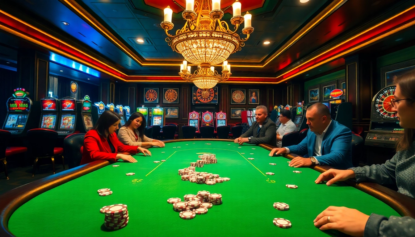 Play high-stakes Game đánh bài đổi thưởng at vibrant poker tables with luxurious decor.