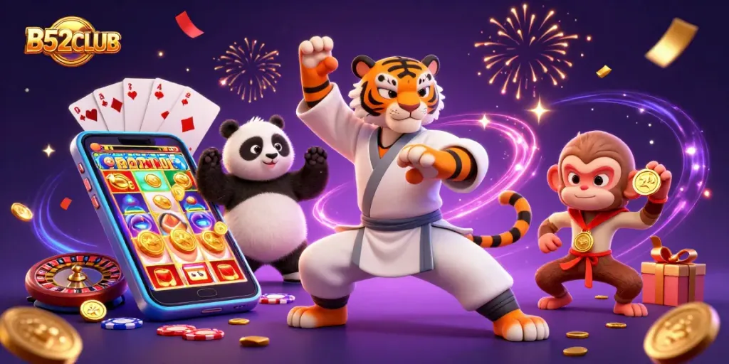 B52CLUB captivates with a thrilling scene of skillful characters amidst vibrant gambling elements.
