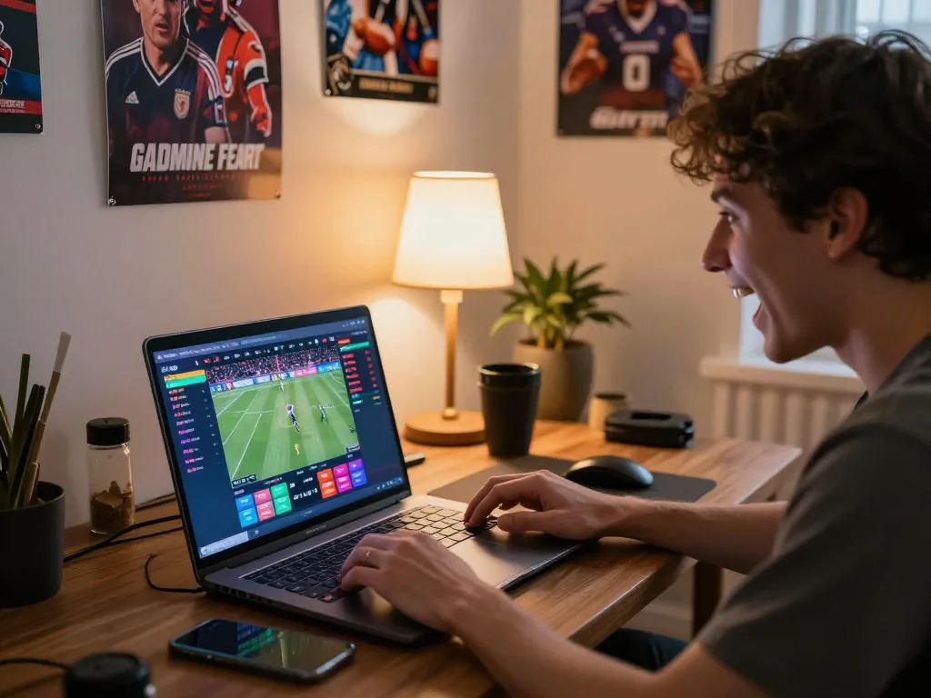 Experience fun88cd with an enthusiastic player using a laptop for sports betting