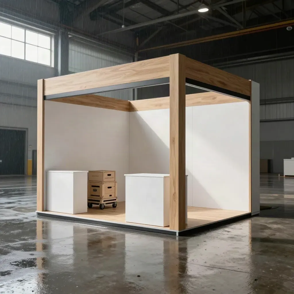 Stand fieristico finito in rovere e bianco, luce drammatica dopo il temporale, casse e moquette.