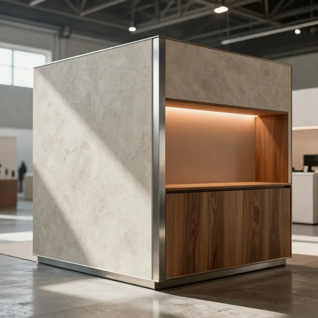 Macro di uno stand fieristico su misura con materiali materici, luce calda e finiture premium.