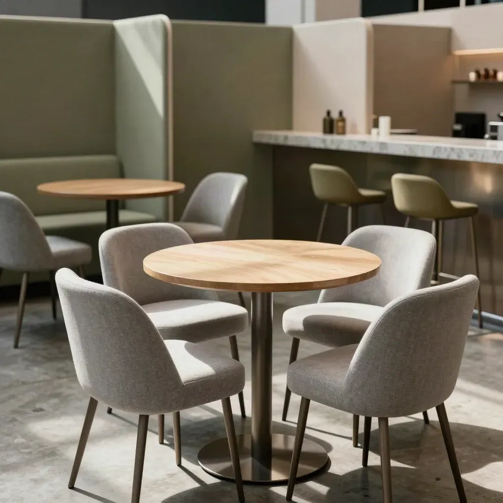 Corner lounge a noleggio con sedute grigio chiaro, tavolini in legno e banco, in fiera.