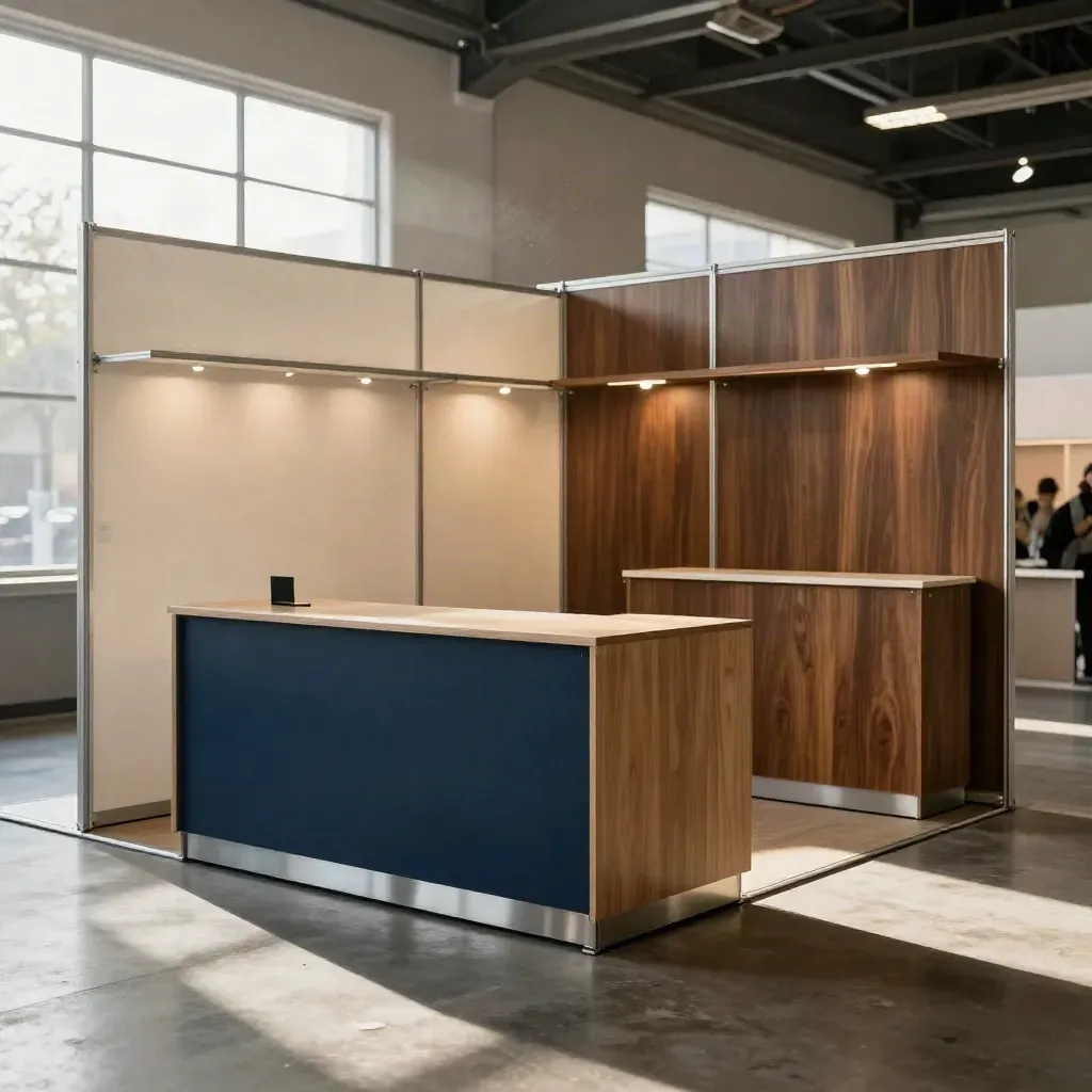 Stand fieristico modulare con tre configurazioni, reception navy e luce calda.