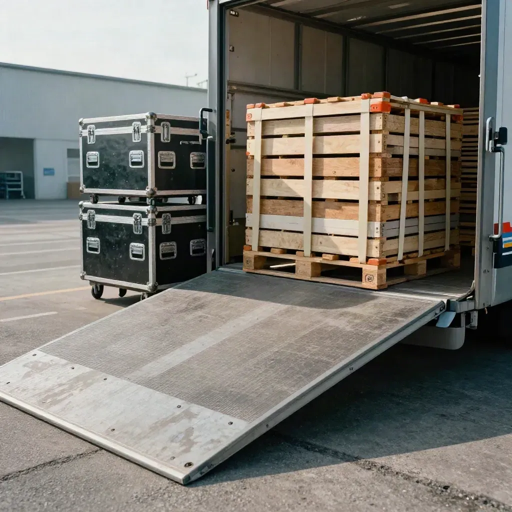 Casse e rampa di carico pronte per montaggio fiera in un’area industriale fredda.