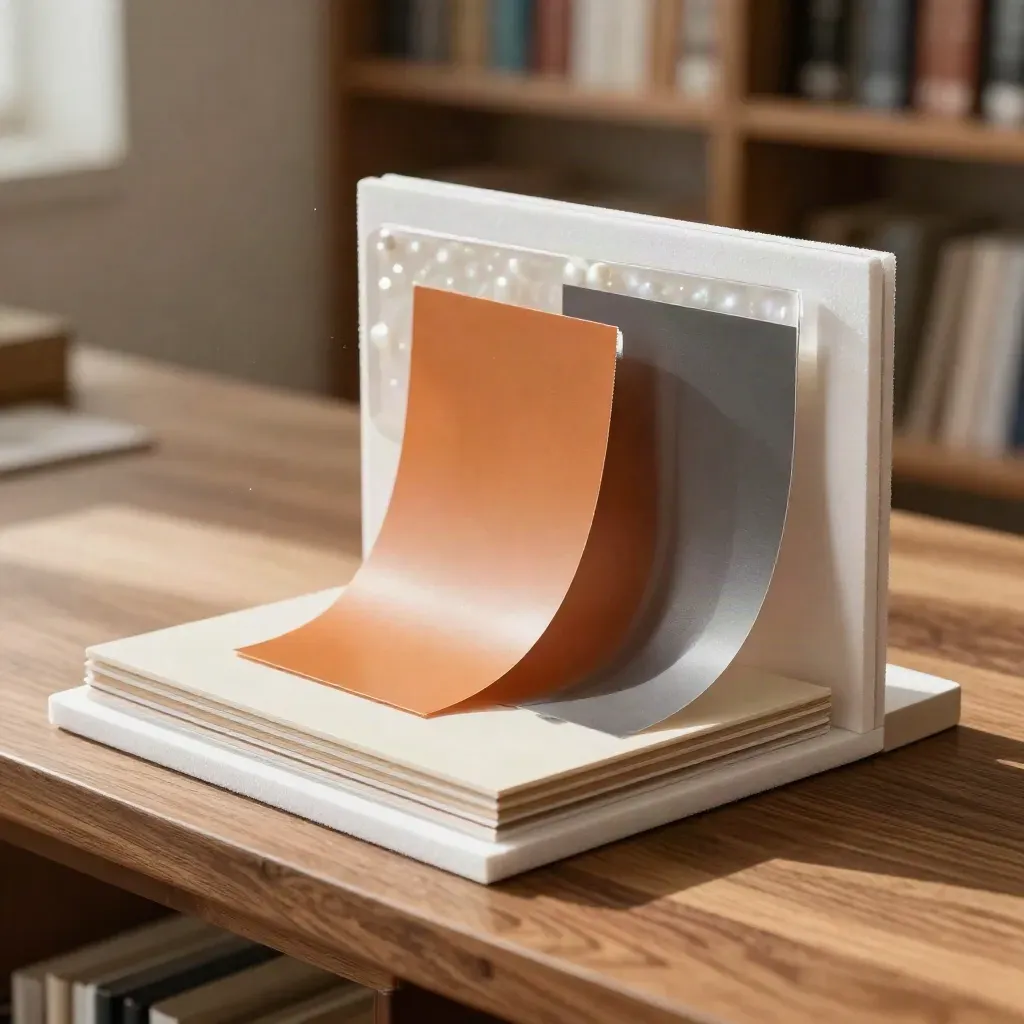 Campioni materiali e mini stand in foam-core su banco noce, ripresi dall’alto con luce radente.