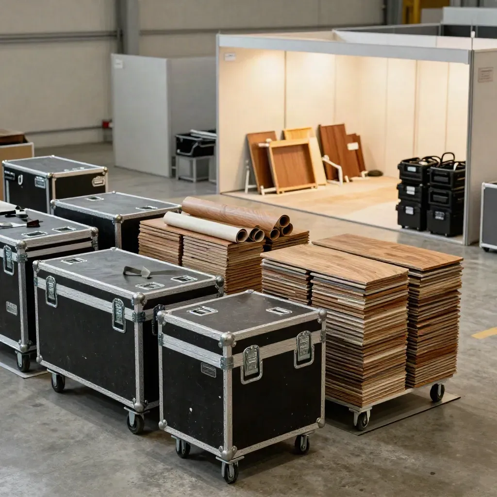 Casse e moduli stand consegnati accanto a uno stand fieristico finito in un padiglione.