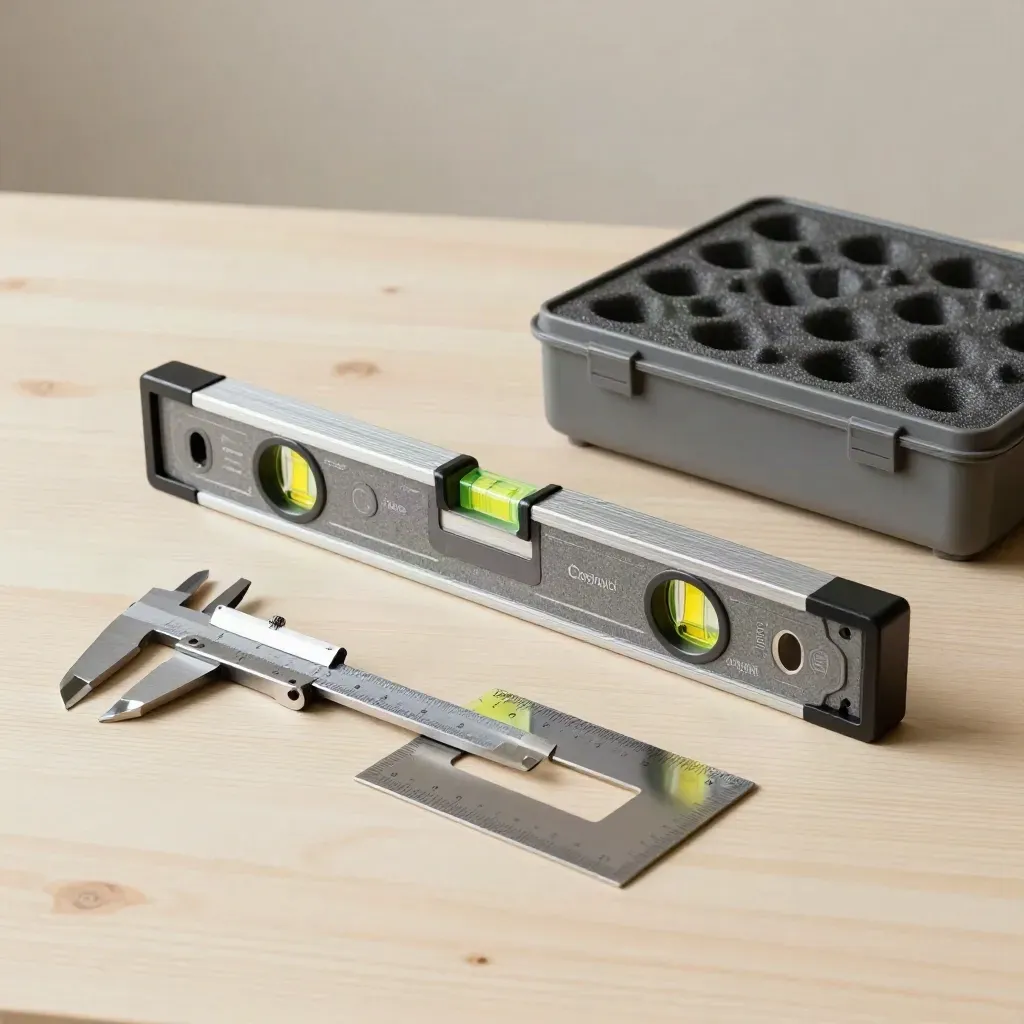 Kit rilievo con livella, calibro, squadra e custodia su legno chiaro, luce laterale morbida.
