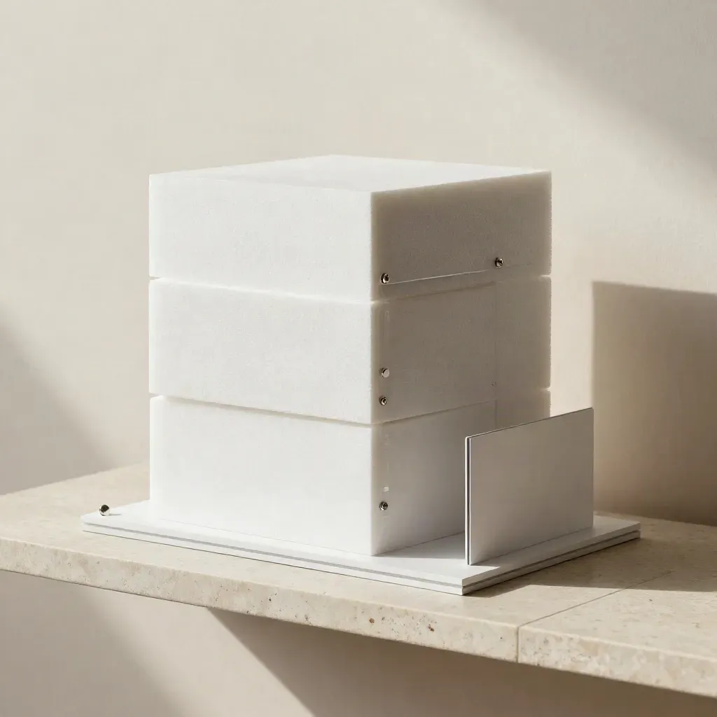 Maquette 3D di stand fiera con blocchi in foam-core, profilo trasparente e dettagli metallici su pietra.