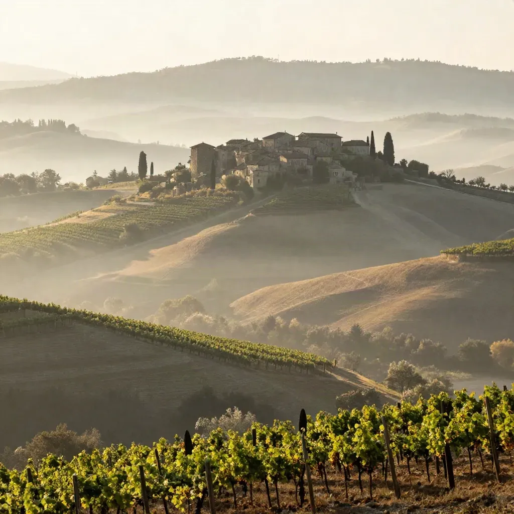 Langhe al mattino con borgo arroccato, vigneti e nebbia che si ritira