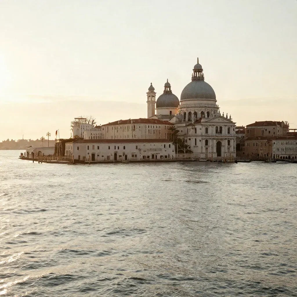 Venezia al tramonto sulla laguna con cupole e campanili nella foschia dorata
