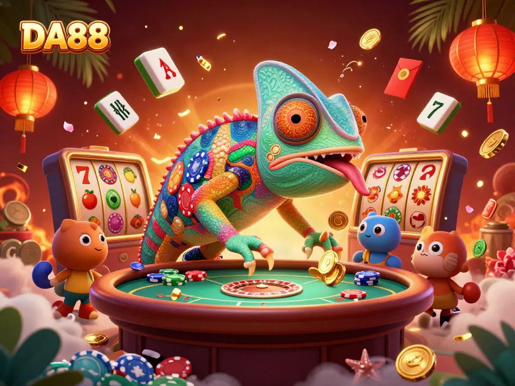 Experience DA88's vibrant casino scene with a colorful chameleon owner and dynamic gaming elements.