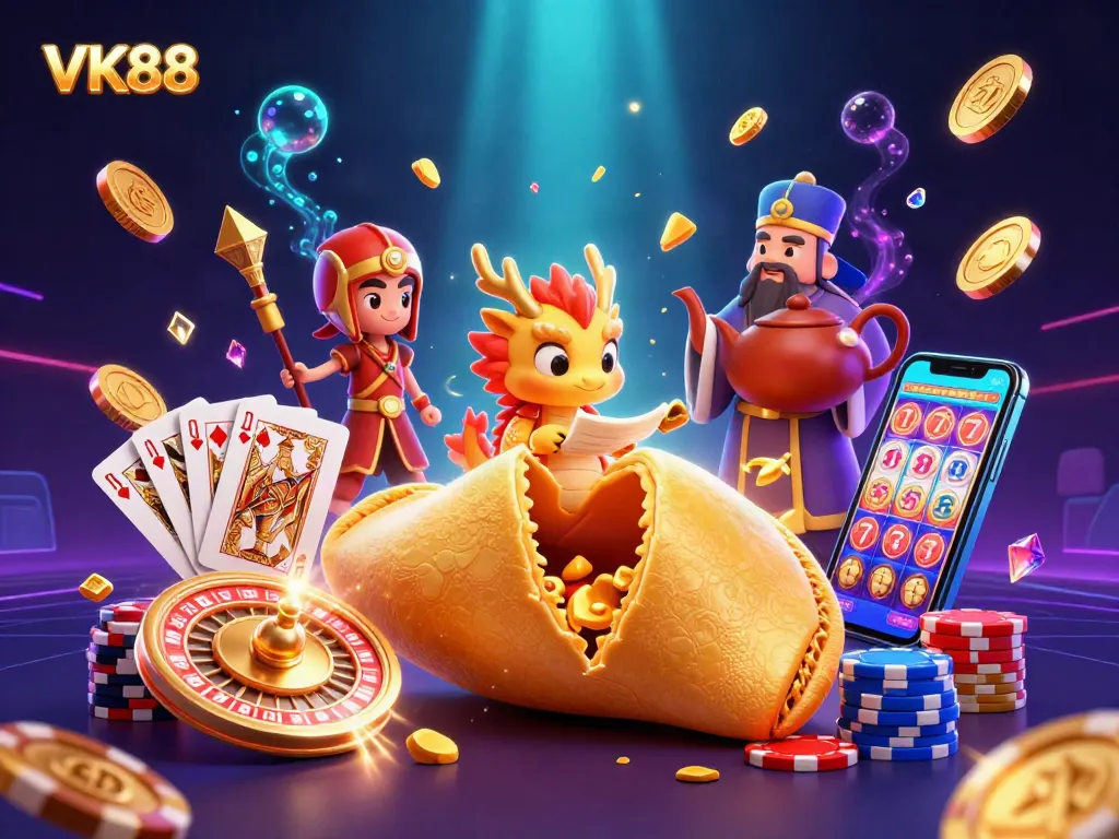 Experience VK88 in a vibrant casino scene with golden coins, a tiny dragon, and dynamic game elements.