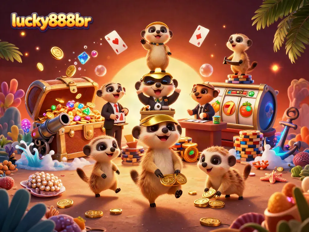Engage in exhilarating gambling action at lucky888br with meerkats controlling a vibrant casino scene.