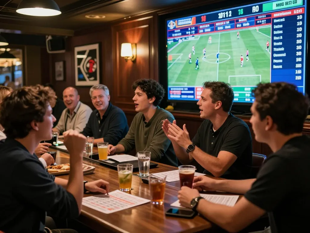 Engaged sports bettors analyzing tỷ lệ kèo trực tuyến in an excited atmosphere with large screens.