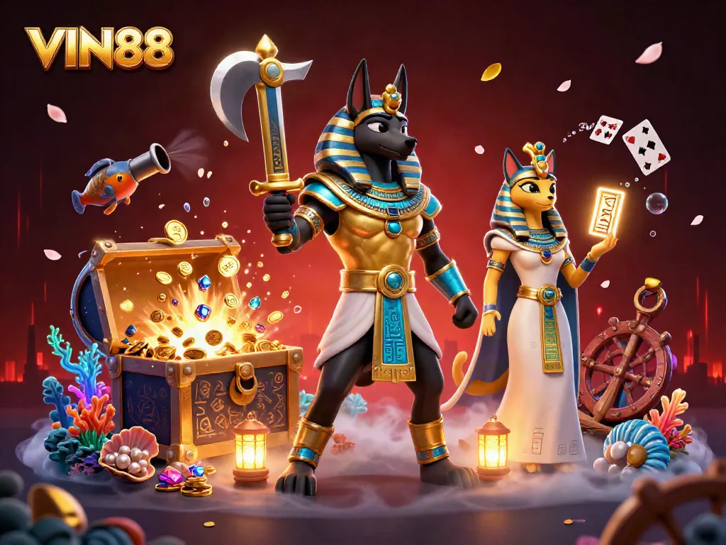 Engage with top games at VIN88's dynamic casino scene featuring Anubis and Bastet.