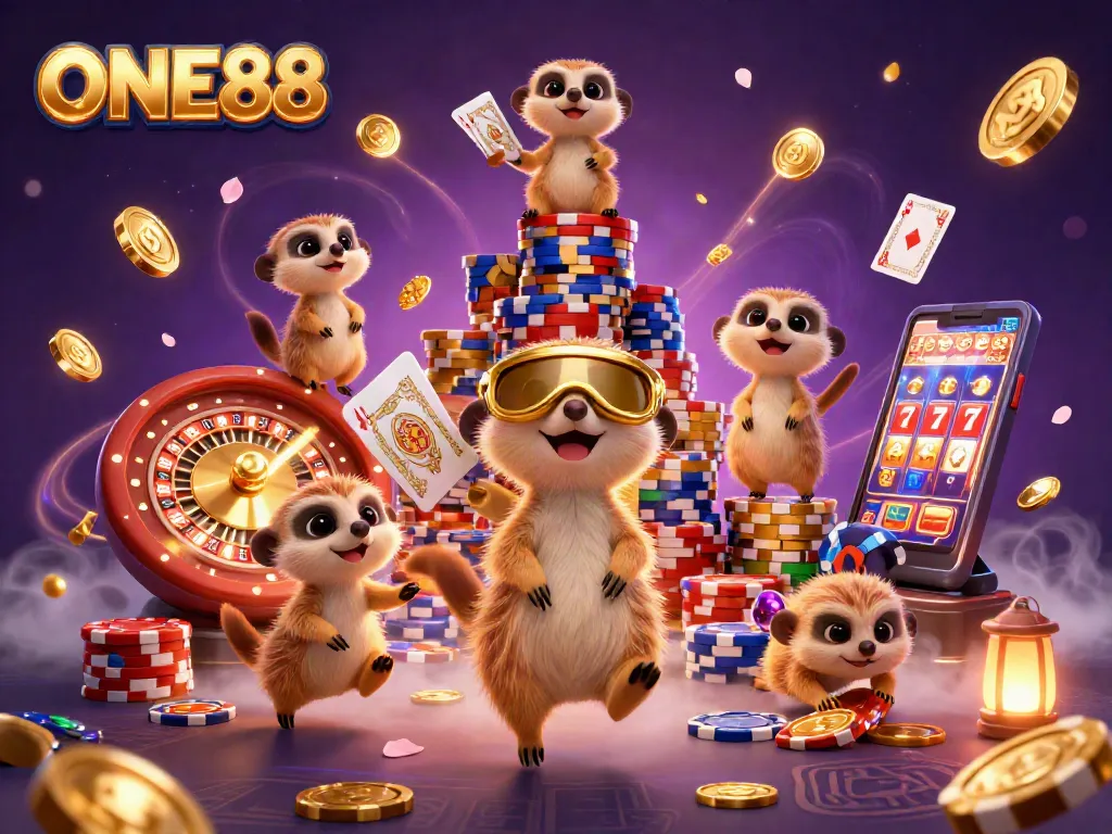 Engage in ONE88's casino excitement as meerkats run a vibrant casino with chips and golden coins.