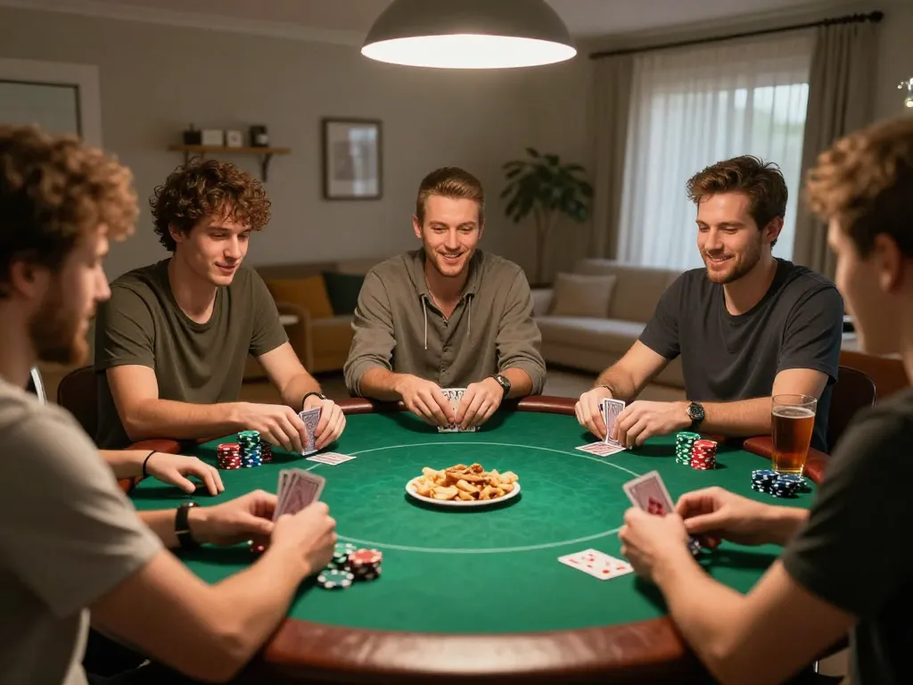 NHÀ CÁI DA88 poker game with friends showcasing excitement and strategic betting.