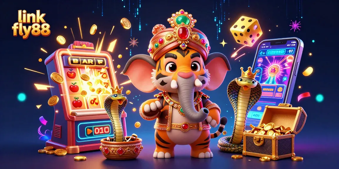Experience the thrill of winning at link fly88 with a dazzling 3D casino scene featuring an elephant and gold.