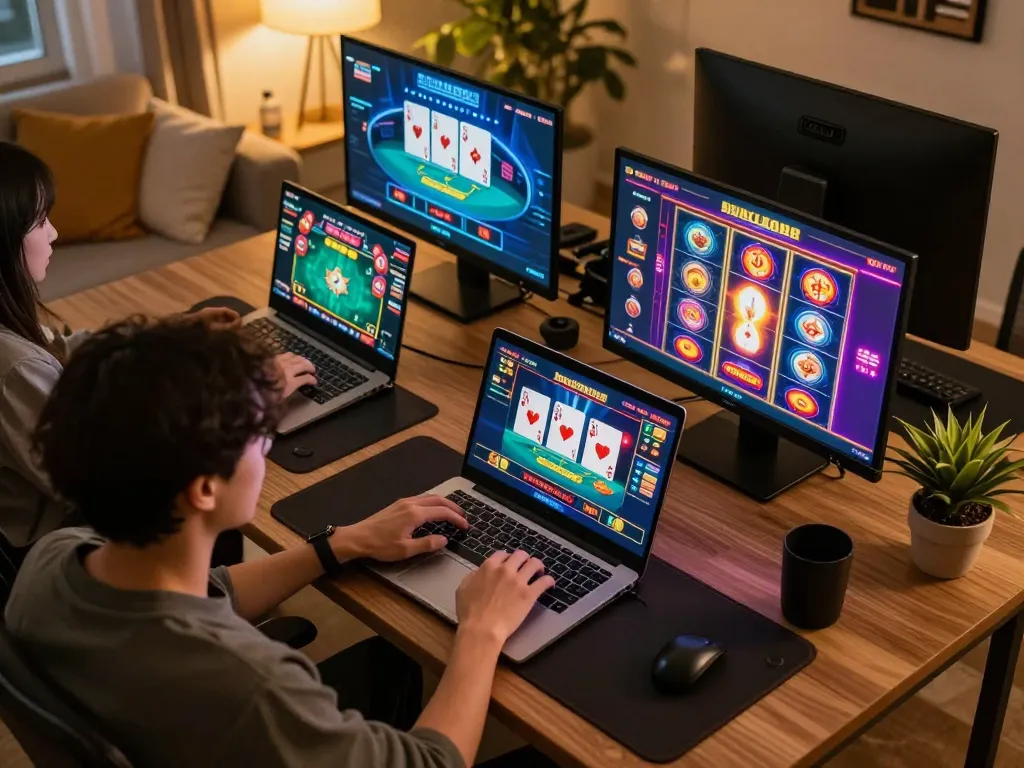 Engaged player enjoying gamebaidoithuong online gaming at home with vibrant poker visuals.