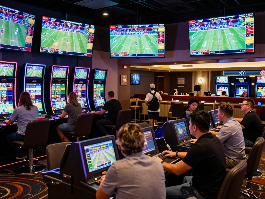 The excitement of sports betting at a vibrant casino lounge featuring updated tỷ lệ nhà cái on screens.