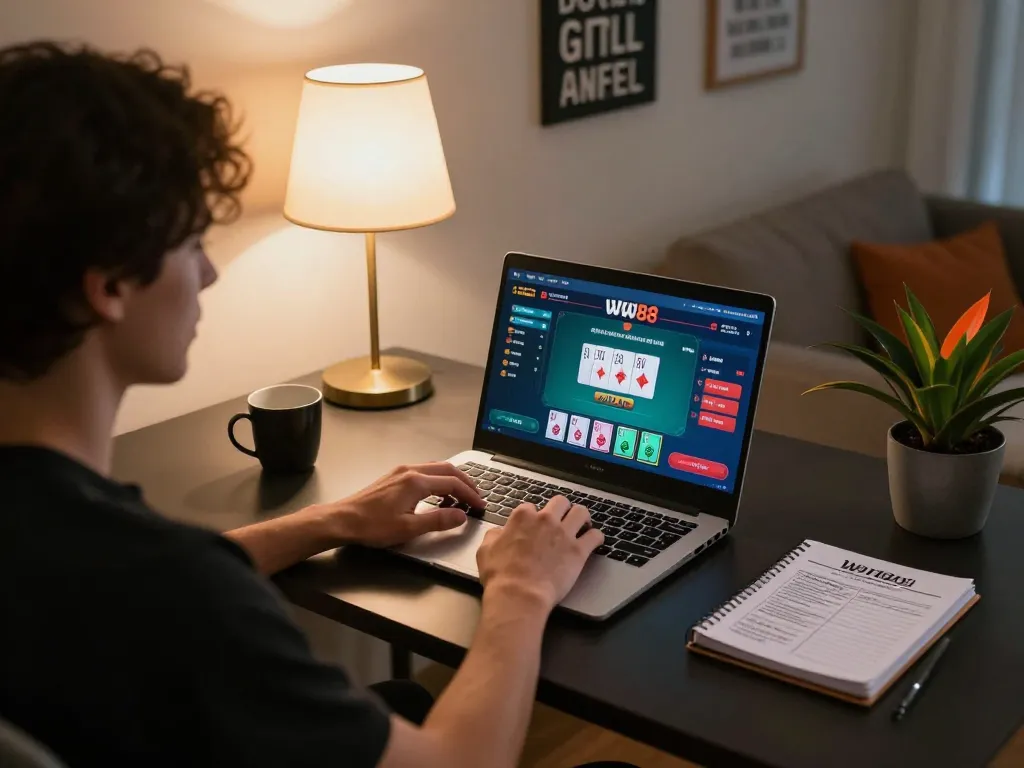 Player enjoying WW88 online casino game, showcasing engaging poker interface on laptop